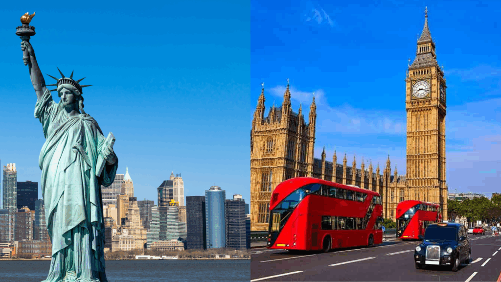 Das Bild zeigt links die Freiheitsstatue als Symbol für amerikanisches Englisch und links ein Bild des Parlamentsgebäudes und des Big Ben als Symbol für britisches Englisch.