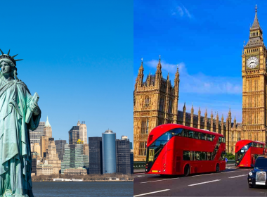 La imagen muestra la Estatua de la Libertad a la izquierda para representar el inglés americano, y a la izquierda tenemos una imagen de las Casas del Parlamento y el Big Ben para representar el inglés británico.